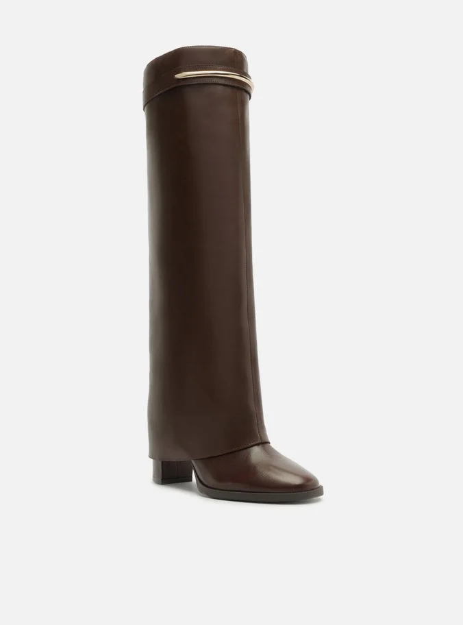 Bota Marrom Couro Cano Longo Salto Bloco