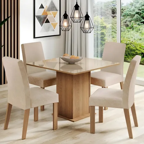 Sala Jantar Madesa Evelin Mesa Tampo Vidro Com 4 Cadeiras Cor Rustic/crema/imperial Desenho Do Tecido Das Cadeiras Liso