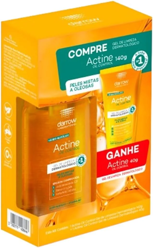 Darrow Actine Oil Control Kit Gel de Limpeza Dermatológico Facial com Ácido Glicólico e Vitamina B5 que Controla Oleosidade sem efeito rebote, Renova a Pele e Reduz Poros, 140g + 40g