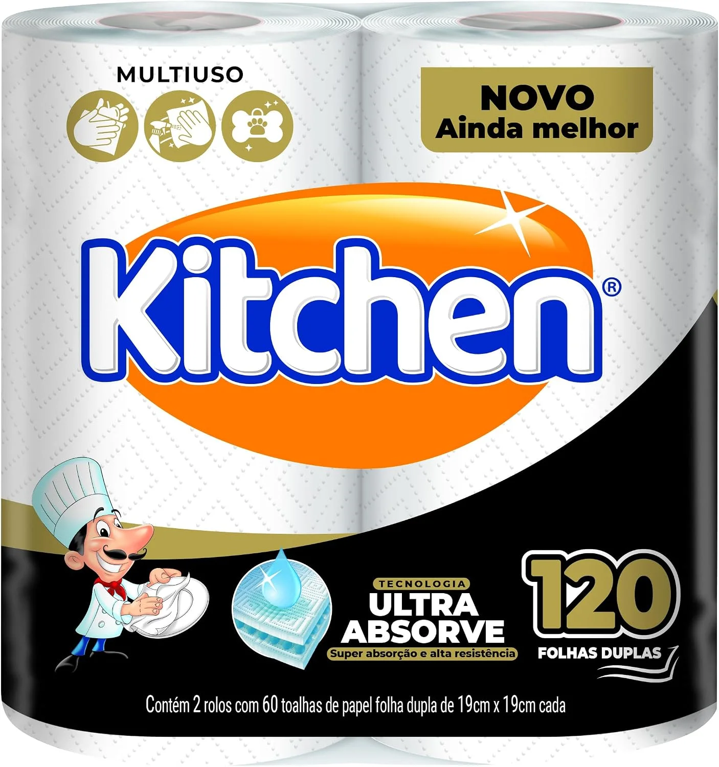 Papel Toalha Kitchen Folha Dupla - Pack com 2 rolos de 60 unidades de 19x22 cm cada