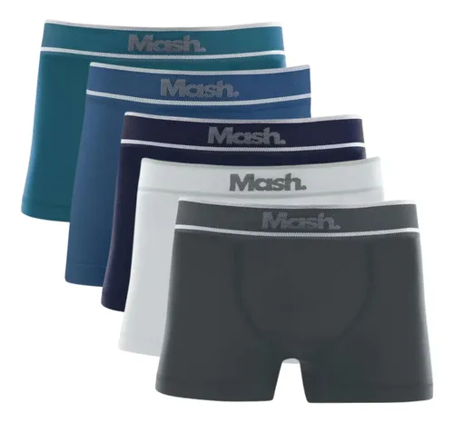 Kit 5 Cuecas Infantil Poliamida Mash  Boxer Sem Costura Kids 1 Azul Diesel - 1 Azul Jeans - 1 Branco - 1 Chumbo - 1 Marinho Cueca Menino Mash M (5 A 7)