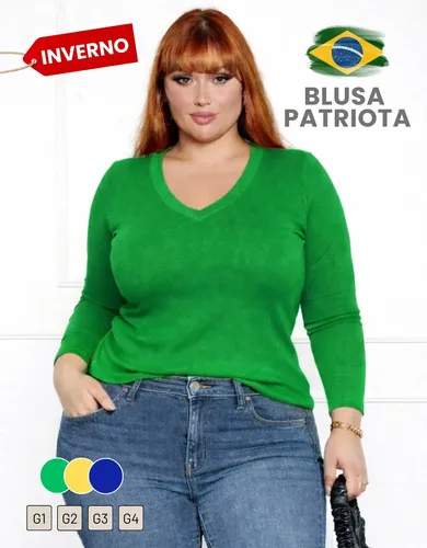 Blusa Feminina Plus Size Gola V Moda Copa Do Mundo Inverno Verde G2 (46/48)