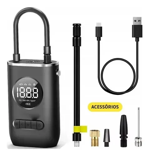 Mini Compressor Calibrador Ar Digital Portátil Recarregável Preto 127/220v 60 Hz Monofásica