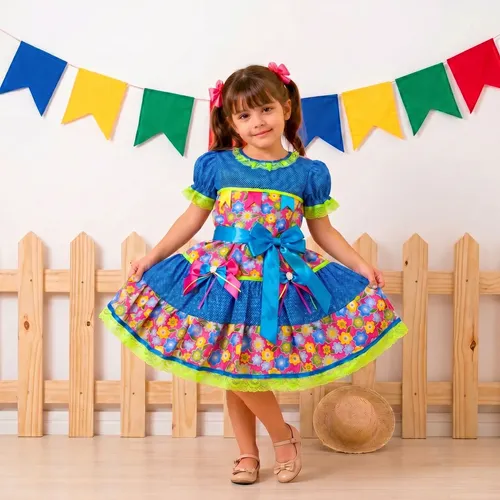 Vestido Festa Junina Infantil Menina Florido Caipira Arraia Azul M