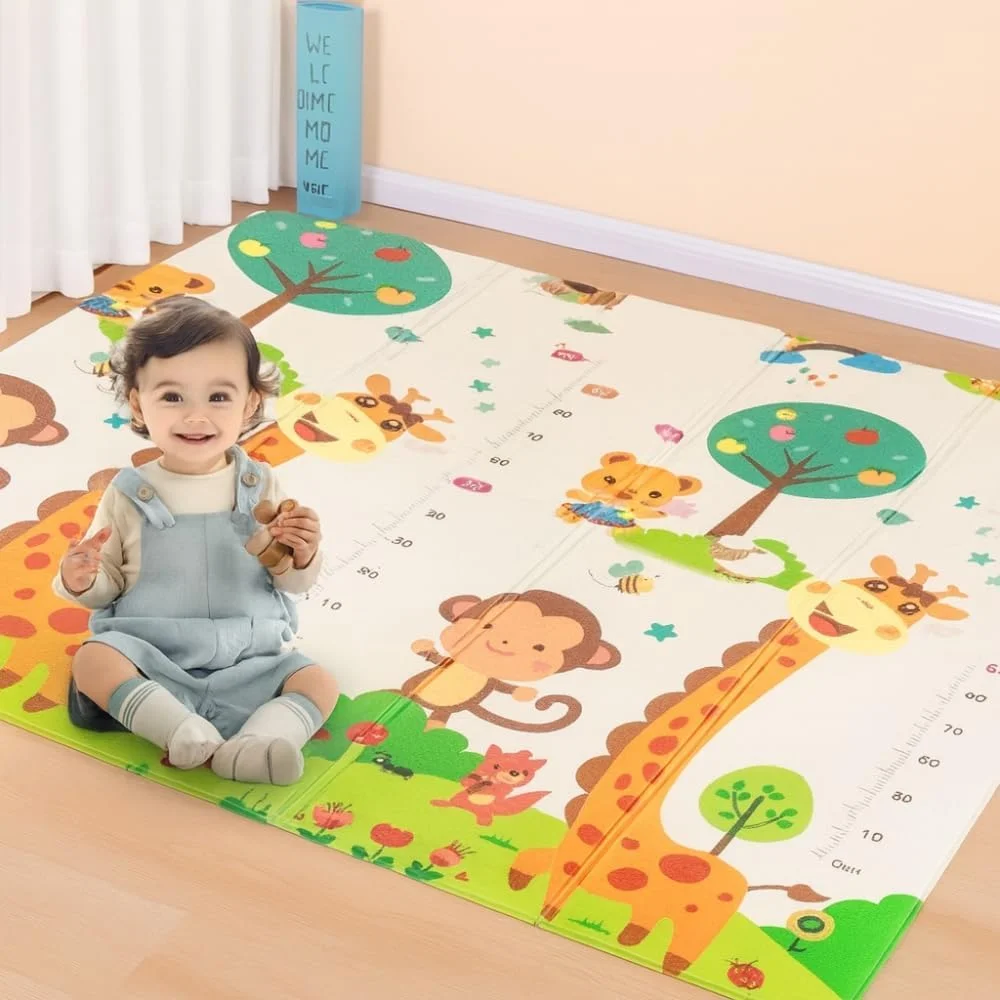 Tapete Tatame Infantil Dobrável 2x1,5m Emborrachado Dupla Face 6mm Antiderrapante Bebê Atividades Educativas Macio Impermeável Colorido Tapetinho Criança Reversível Leve com Bolsa (Selva Macaco Girafa)