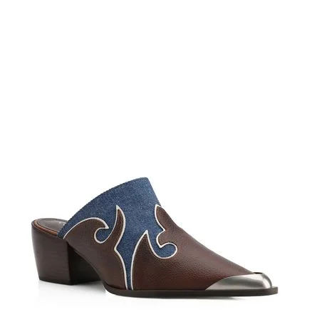 Mule - Couro Estonado Marrom /Jeans