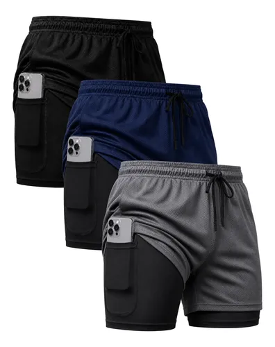Kit 3 Shorts 2 Em 1 Duplo Dryfit Masculino Compressão Térmic Preto/cinza/azul-marinho Lisa G