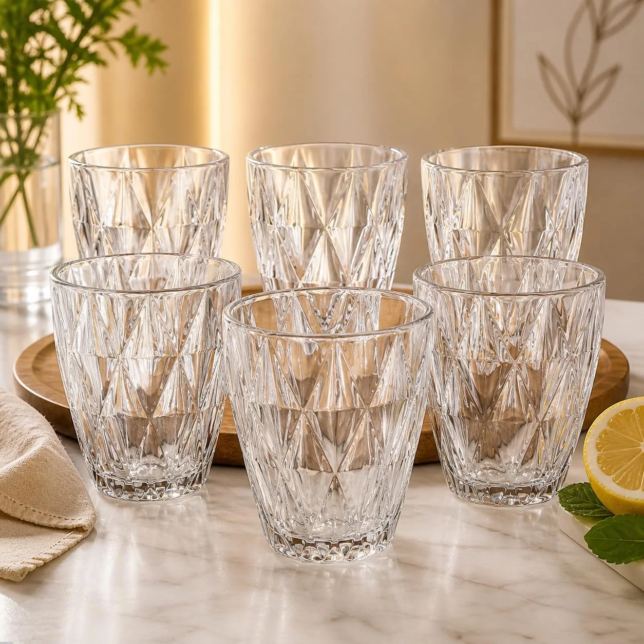 Jogo 6 Copos Vidro Diamond 300ml Vidro Grosso Resistente Copo Diamante Elegante para Água Suco e Drinks Alta Transparência e Brilho Premium