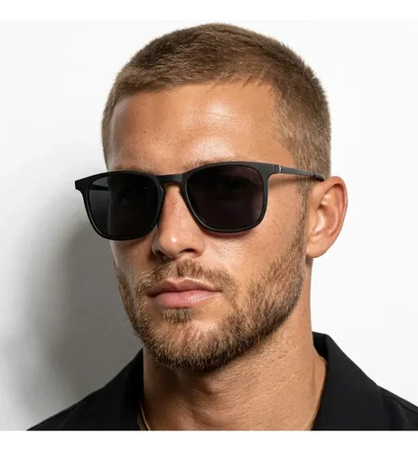 Óculos De Sol Quadrado Premium Acetato Metal Proteção Uv400 Cor Preto Armação Preto Haste Preto Lente Preto Desenho Preto Fosco