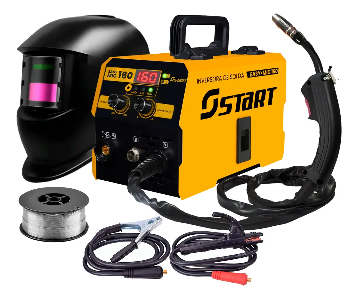 Máquina De Solda Inversora Mig 160a Sem Gás 3 Em 1 Tig Lift Eletrodo Easymig Start Com Máscara De Solda Automática Amarelo 220v