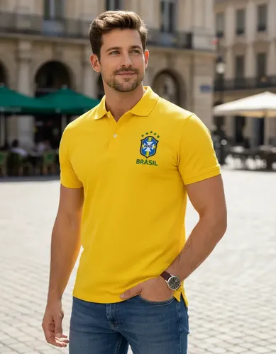 Camisa Pólo Piquet Masculina Seleção Brasileira Copa Brasil Amarelo Logo Cbf G