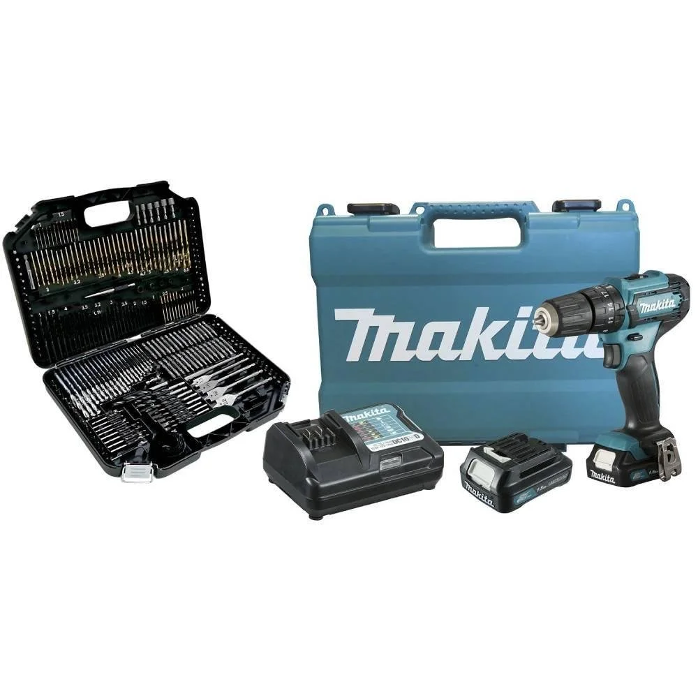 Combo Parafusadeira/Furadeira de Impacto a Bateria 12V Lítio com Carregador 2 Baterias e Maleta + Jogo de Brocas Bits e Soquetes com 246 Peças MAKITA-K5684
