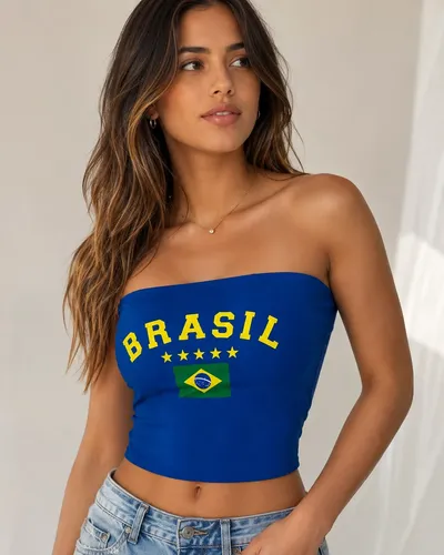 Cropped Top Tube Blusa Tomara Que Caia Brasil Copa Com Bojo Azul Único