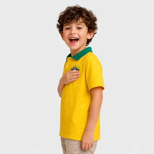 Camisa Polo Infantil Brasil Blusa Infantil Copa Unissex Amarelo Lisa 14 Bordado