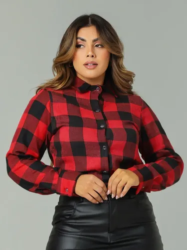 Camisa Feminina Xadrez Flanelada Com Botões E Manga Longa