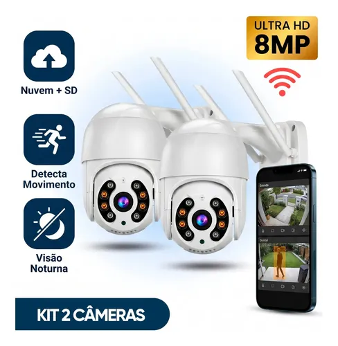 Kit Com 2 Câmeras De Segurança Ip Wifi A8 Full Hd Icsee Ptz 355° Com Visão Noturna Áudio Bidirecional Ip66 Monitoramento Remoto Para Celular Android E iPhone Branco