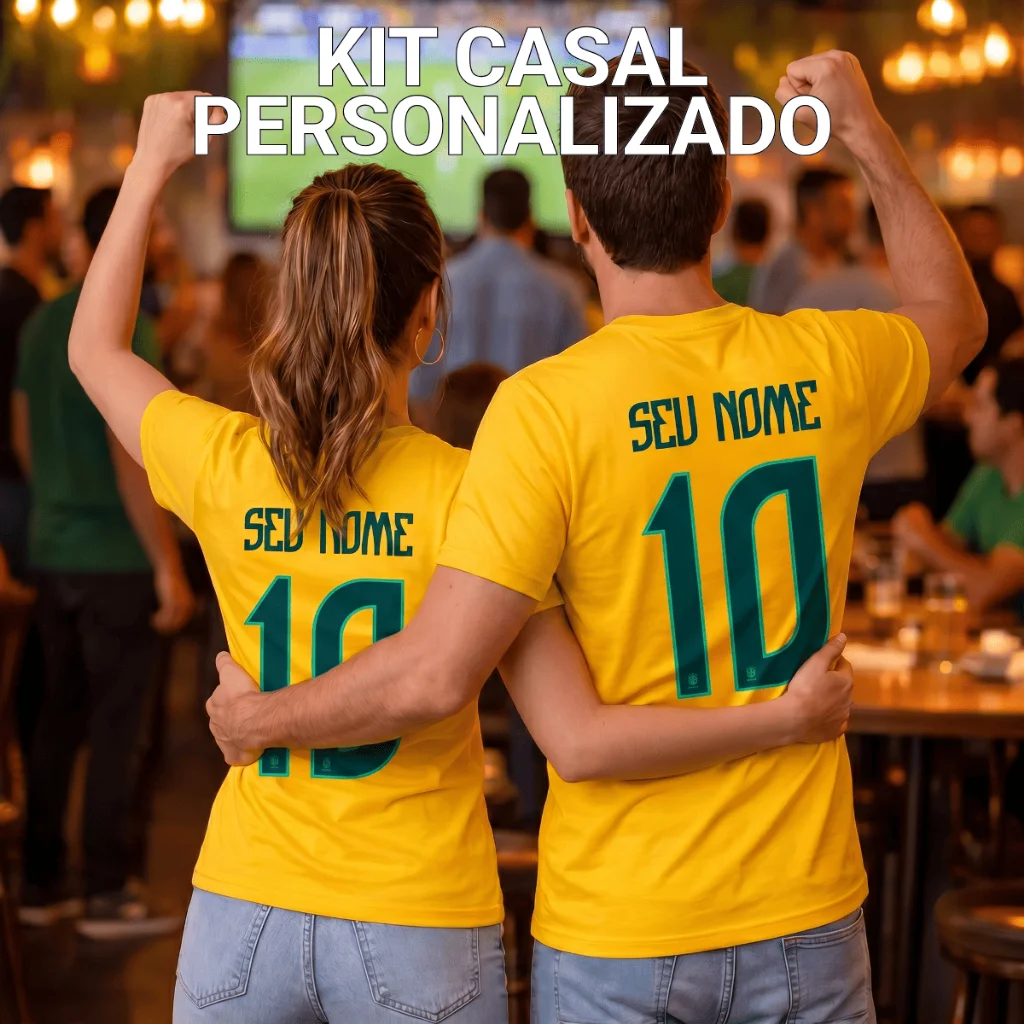 Kit Camiseta Casal Brasil Nome Personalizado 100% Algodão Estampada Copa do Mundo