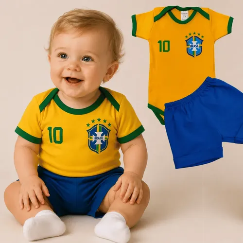 Roupa Brasil Bebê Body Infantil Primeira Copa Menino Menina Brasil Oficial - Short Azul G
