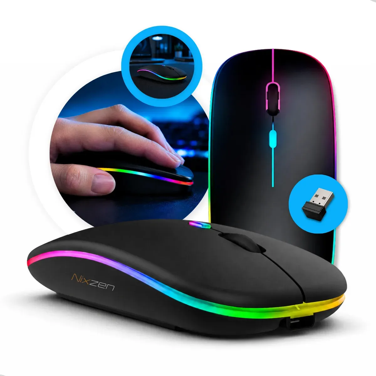 Mouse Sem Fio Recarregável Wireless Óptico Ergonômico Sem Fio Led Rgb Gamer Para Notebook Pc Tablet Smartphone Preto Nixzen