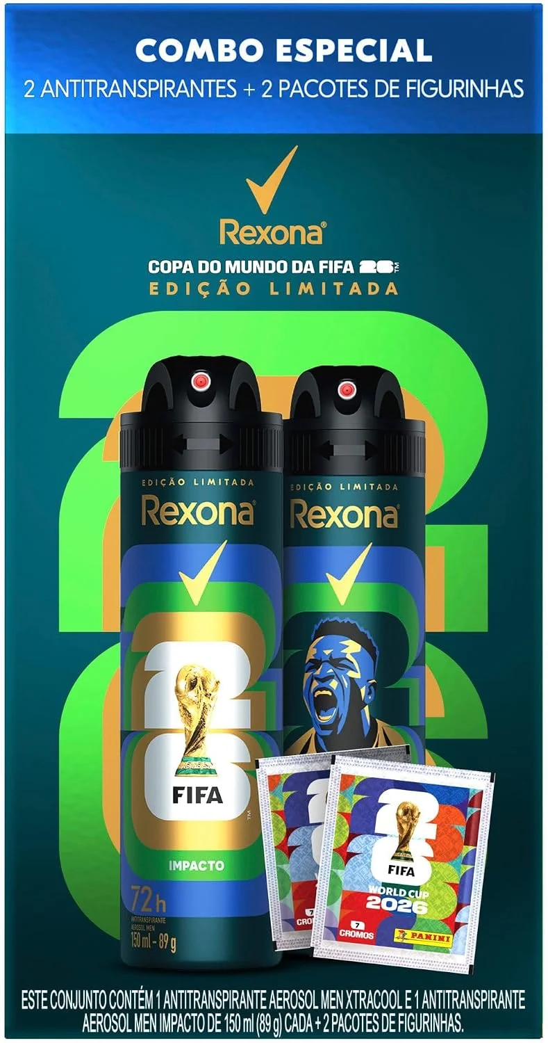 Kit Rexona Men Antitranspirante Aerossol Xtracool + Impacto 150ml + 2 Pacotes de Figurinhas - Edição Limitada Copa do Mundo da FIFA 26