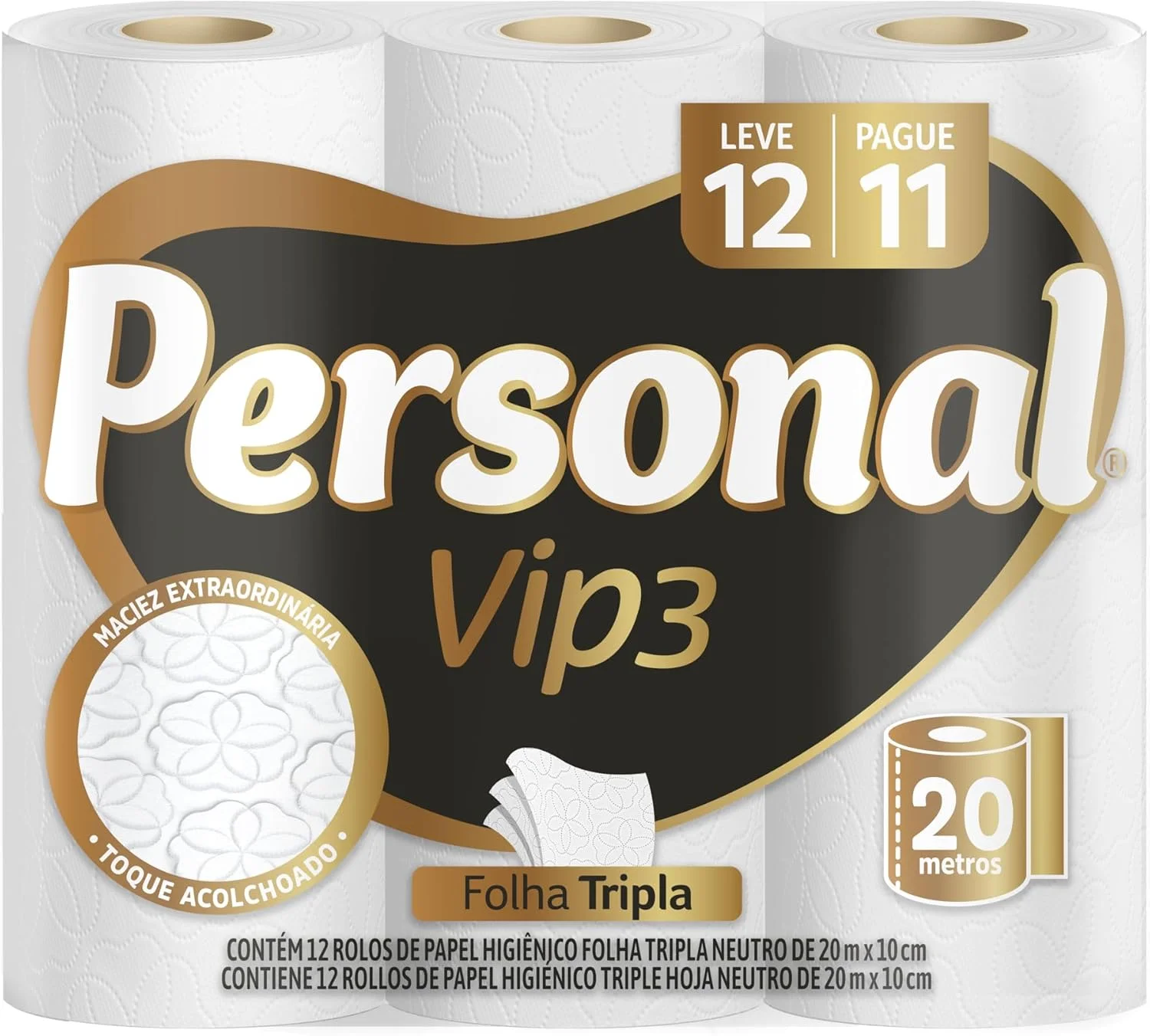 Personal Papel Higiênico Vip Folha Tripla Com 12 Rolos De 20M