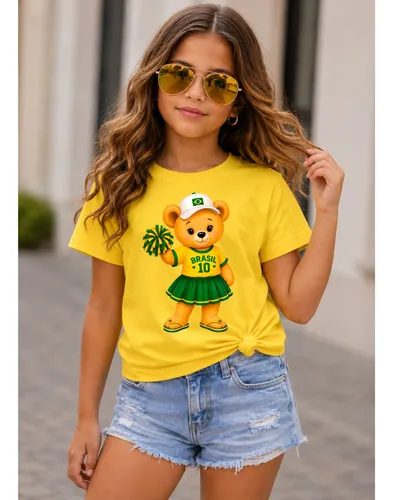 Camiseta Do Brasil Infantil Juvenil Delicada Estampa Ursinho Amarelo 4