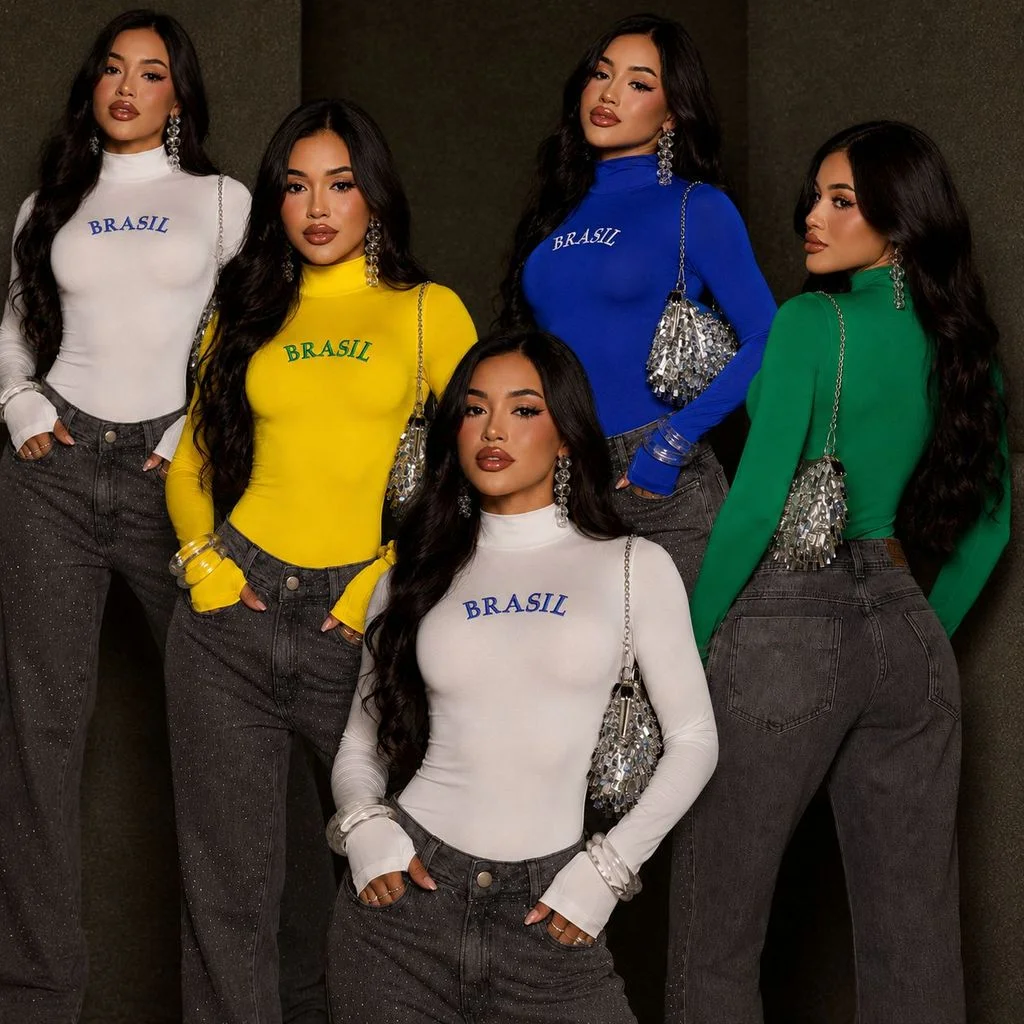 Body Feminino Brasil Manga Longa Gola Alta Modelador Luxo