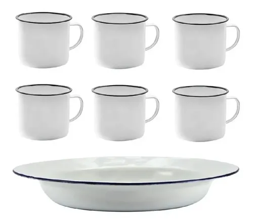 Kit 6 Pratos E 6 Canecas Esmaltados Brancos Alumínio Yazi Branco