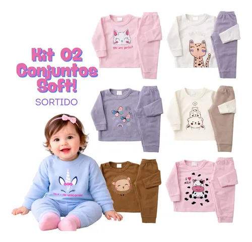 4 Peças Conjunto Soft Menina Infantil E Bebê Roupa Frio Full Kit Sortido G - Veste 7 À 9 Meses