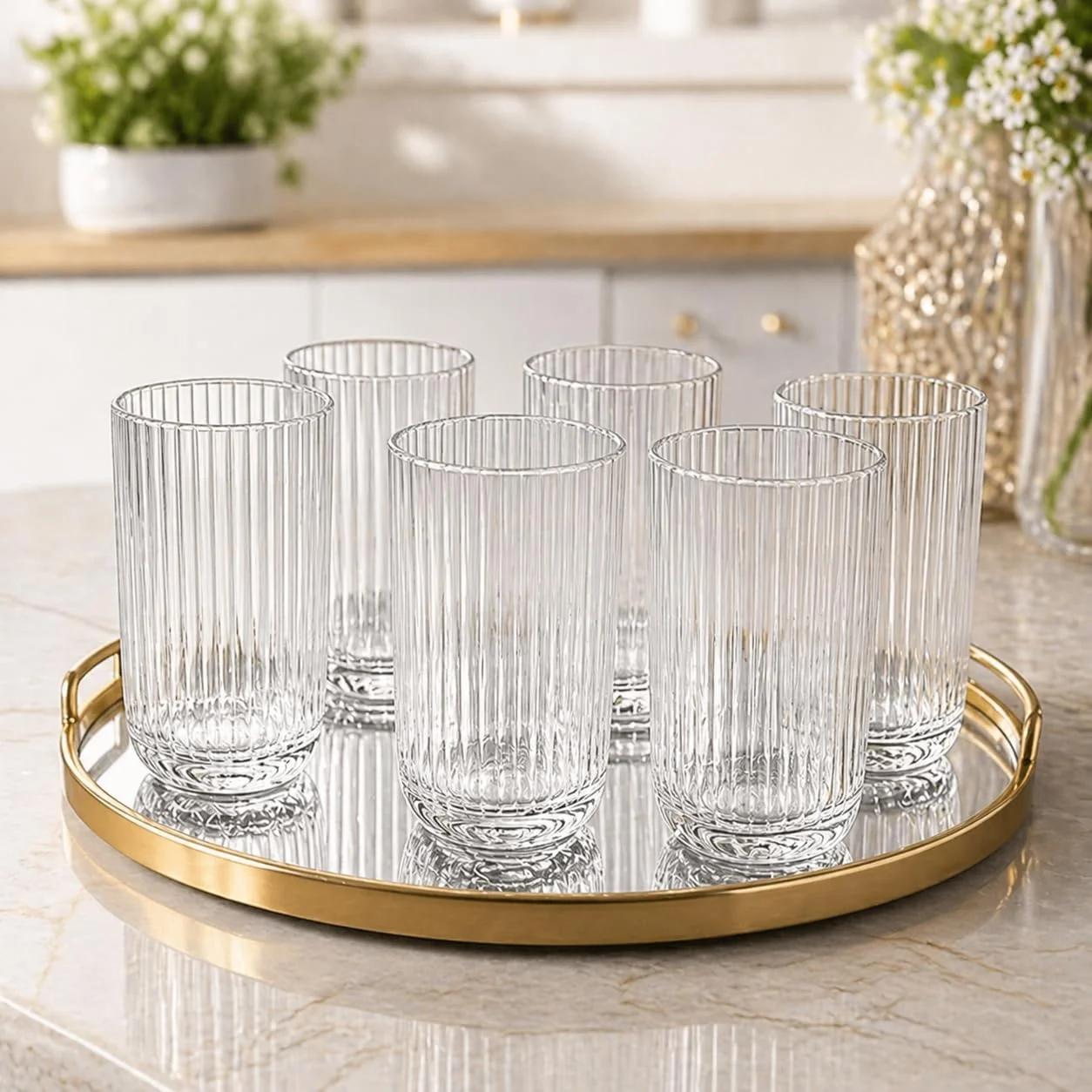 Kit 6 Copos de Vidro Canelado Transparente 430ml Design Moderno Elegante Ideal para Água Suco Drinks Whisky Refrigerante Mesa Posta Cozinha Bar Restaurante Jogo com 6 Copos Para Ambientes Elegantes