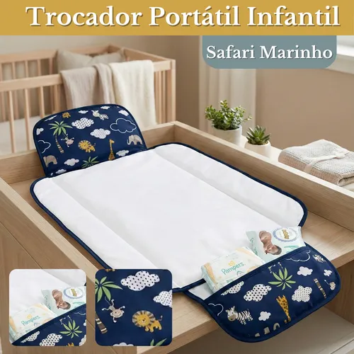 Trocador De Fralda Impermeável Dobrável Retrátil Com Bolso Lindas Estampas Safari Marinho Azul-marinho