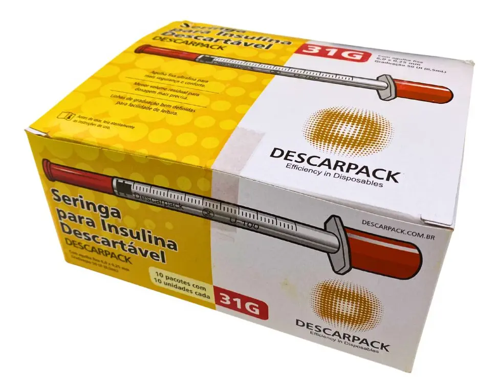 Seringa Insulina 0,5ml 50ui Agulha 6,0x0,25mm 31g Descarpack