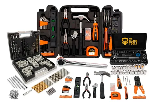 Kit Jogo De Ferramentas 129 Peças Com Jogo De 40 Soquetes Chaves E Kit 300 Peças Brocas E Buchas The Black Tools Preto