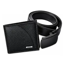 Kit De Carteira E Cinto Masculina Em Couro Sintético Preto