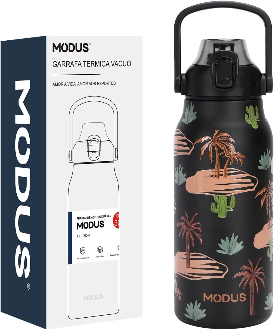 Garrafa Térmica de Aço Inox Dupla Parede 1,7 Litro Isolamento a Vácuo – Design com Estampa 3D em Relevo (Preto Coqueiro)