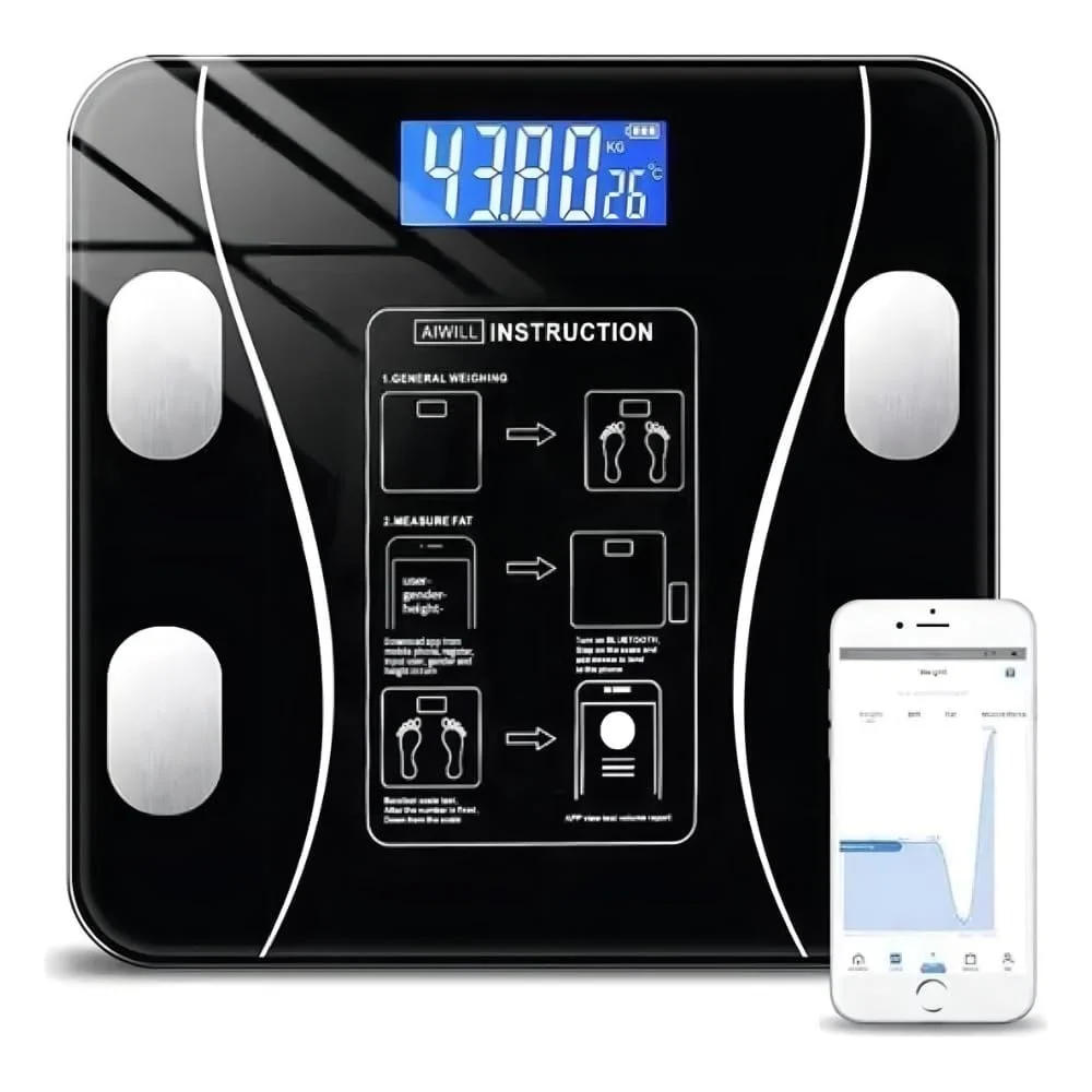 Balança Digital Bioimpedância Corporal Bluetooth até 140 kg com App | Mede Peso, IMC, Gordura, Massa Muscular, Água Corporal e Metabolismo | Smart Scale Inteligente Vidro Temperado
