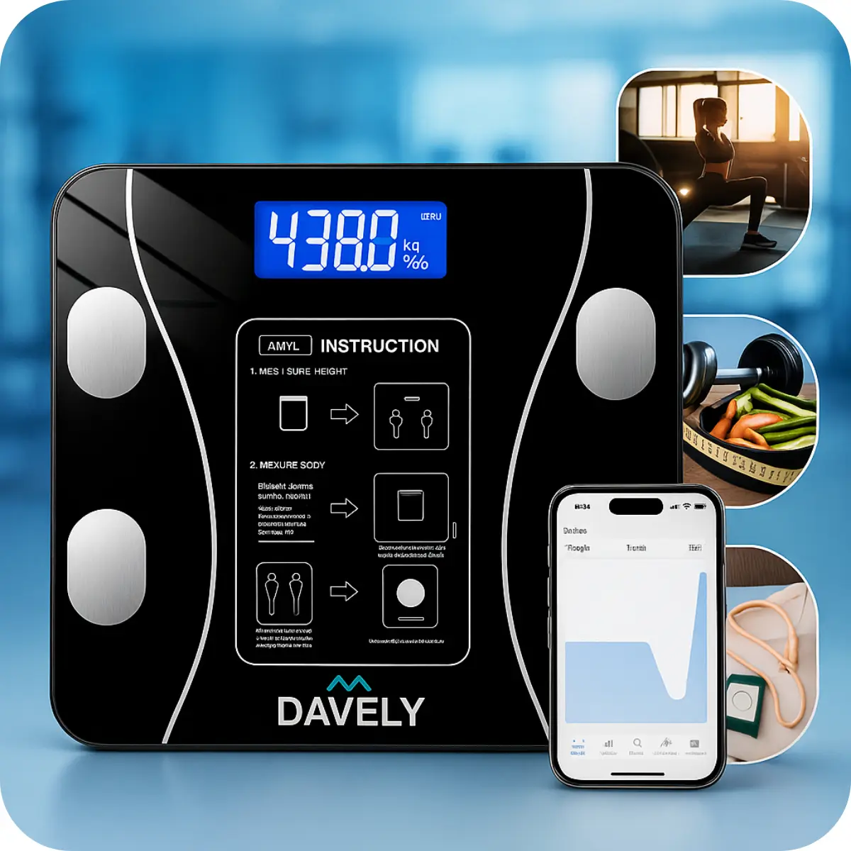 Balança Digital Corporal Bioimpedância Davely Bluetooth Para Android E Ios Vidro Temperado Alta Capacidade Balança De Banheiro Academia Preto