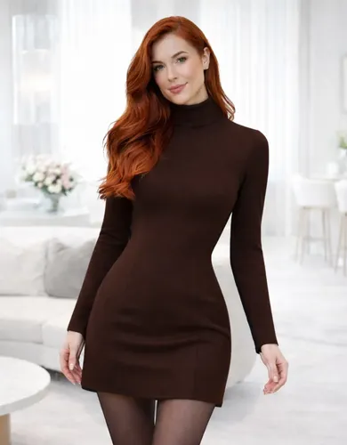 Vestido Gola Alta Feminino De Inverno Alfaiataria Com Manga Marrom Liso 36-38