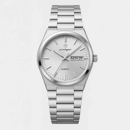 Relógio Masculino Luxo Poedagar Old Money Aço Quartzo Prata Prateado Clássico Branco Capra Pink