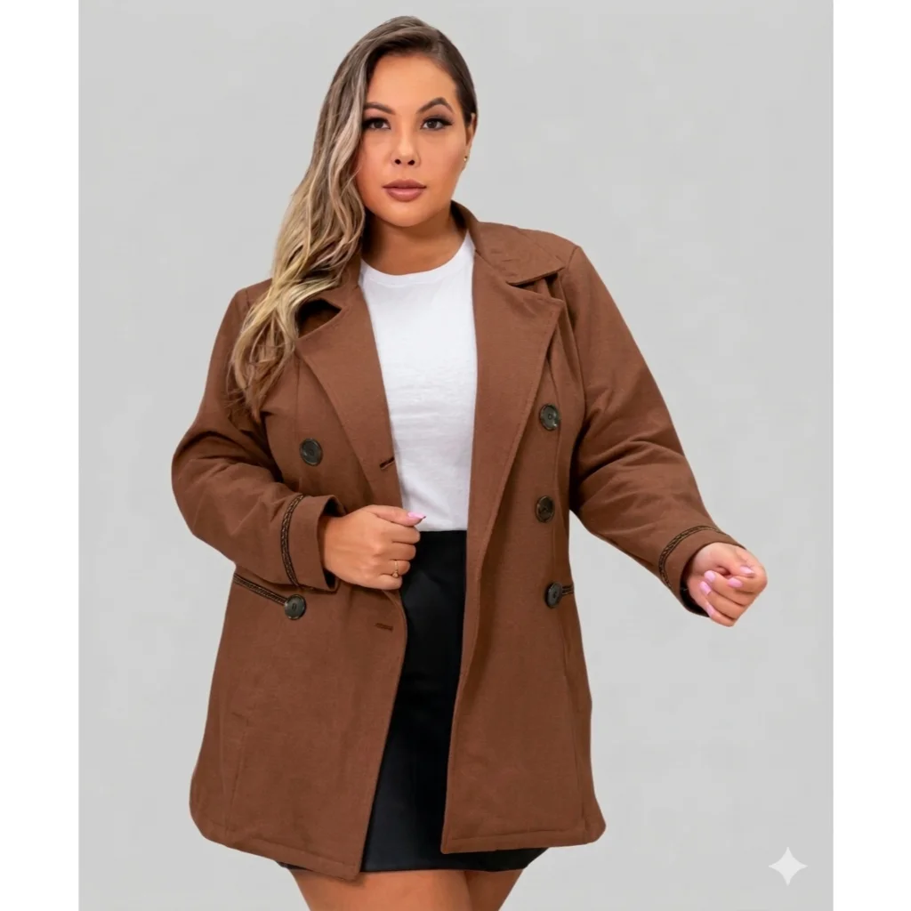 Casaco Longo Feminino Plus Size G1 G2 G3 Com Botões E Bolsos Gola Redobrável Inverno Premium