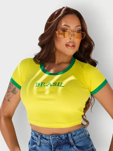 Cropped Blusinha Top Brasil Feminina Canelado Copa Torcida Amarelo Canelado M