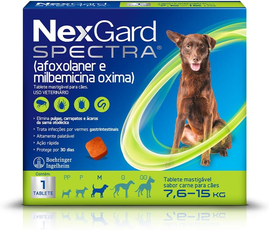 NexGard SPECTRA Antipulgas e Vermífugo para Cães de 7,6 a 15kg - 1 tablete