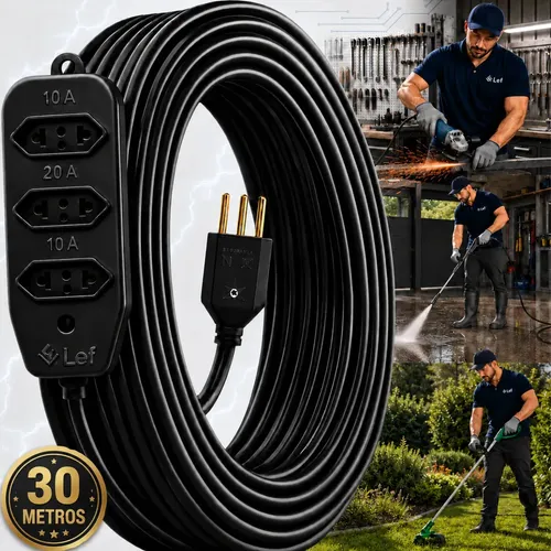 Extensão 30metros Cabo Pp Reforçada Obra Profissional 10/20a Preto 127/220v