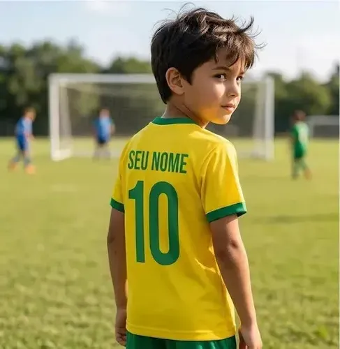 Camiseta Brasil Infantil Dryfit Personalizada Nome E Número Amarelo 6