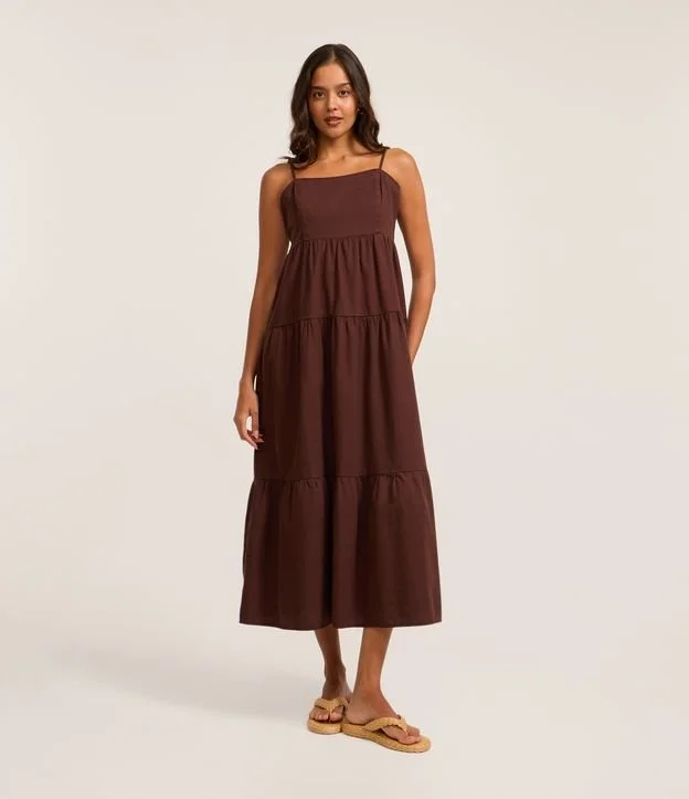 Vestido Midi em Sarja com Alças Finas