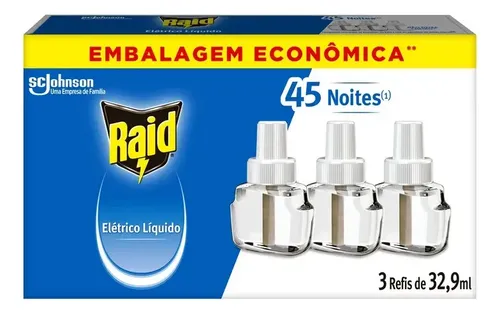 Repelente Eletrico Líquido Raid 45 Noites 3 Refis de 32,9ml