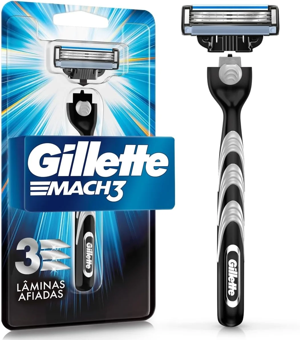 GILLETTE Mach3 Aparelho de Barbear Reutilizável, 1 Cabo + 1 Carga com 3 Lâminas de Barbear, Barbear Rente e Suave para Homens, Barbeador com Navalhas