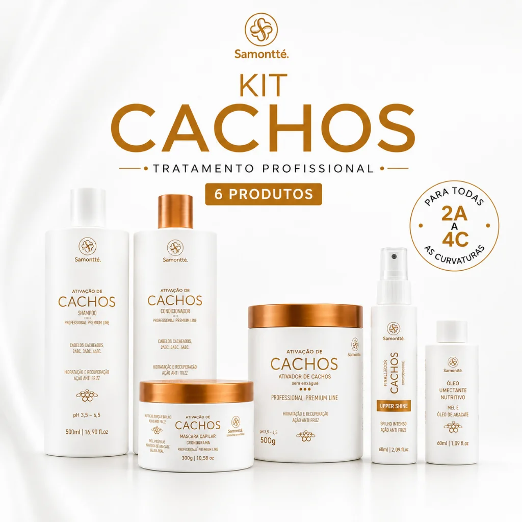 Kit Cachos Profissional S’amontté 6 Itens Ativador 500g Hidratação Nutrição Anti Frizz Curly 2A a 4C