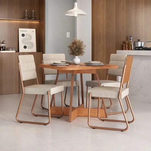 Conjunto Sala Jantar 4 Cadeiras Charlotte Carraro Nogal Rose Liso