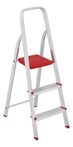 Escada De Alumínio Dobrável Compacta Com 3 Degraus - Botafogo - Leve E Resistente Cinza/vermelho